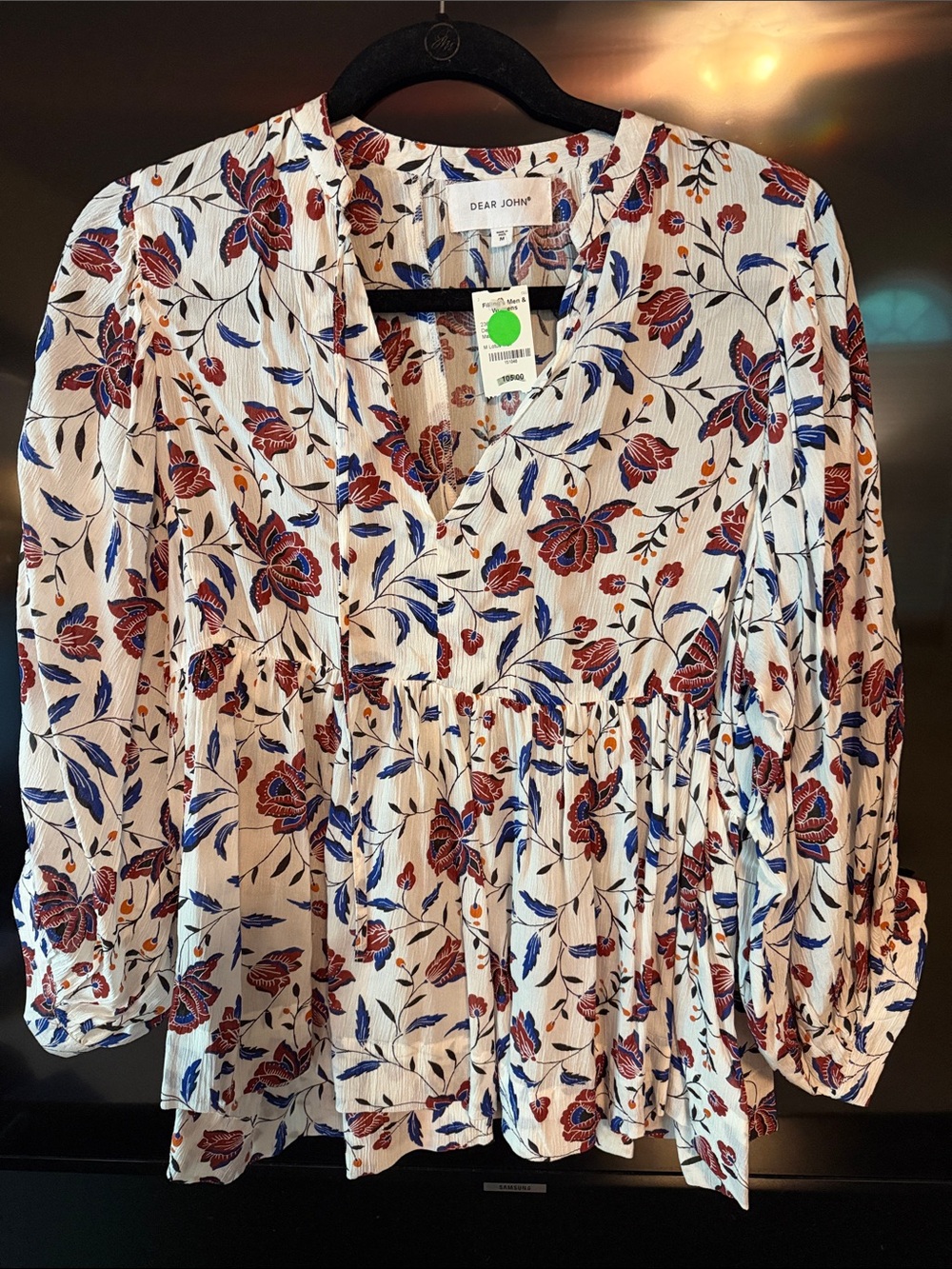 Dear John Malia White Floral V-Neck Babydoll Blouse with Red and Blue Flowers